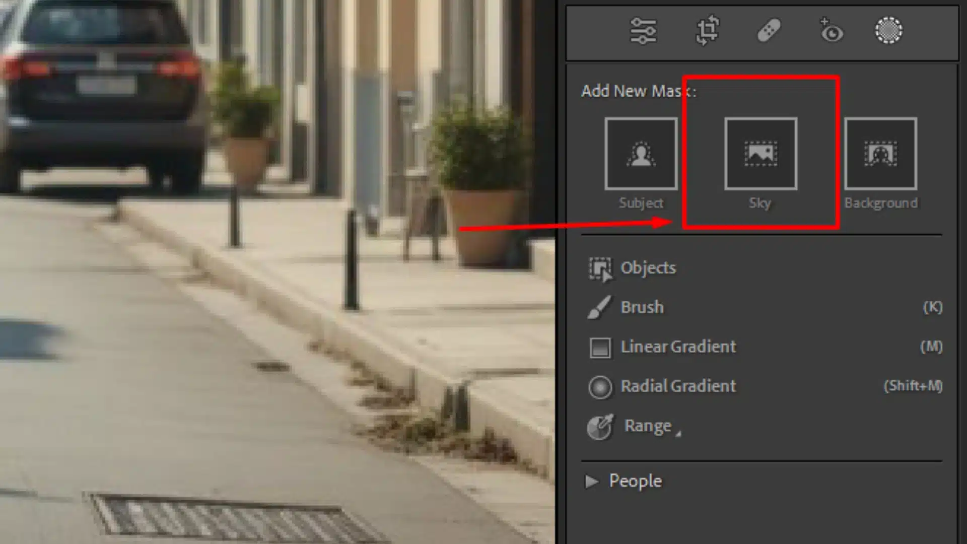 Lightroom masking panel highlighting the "Select Sky" option with a red box and arrow, showing advanced selection tools.
