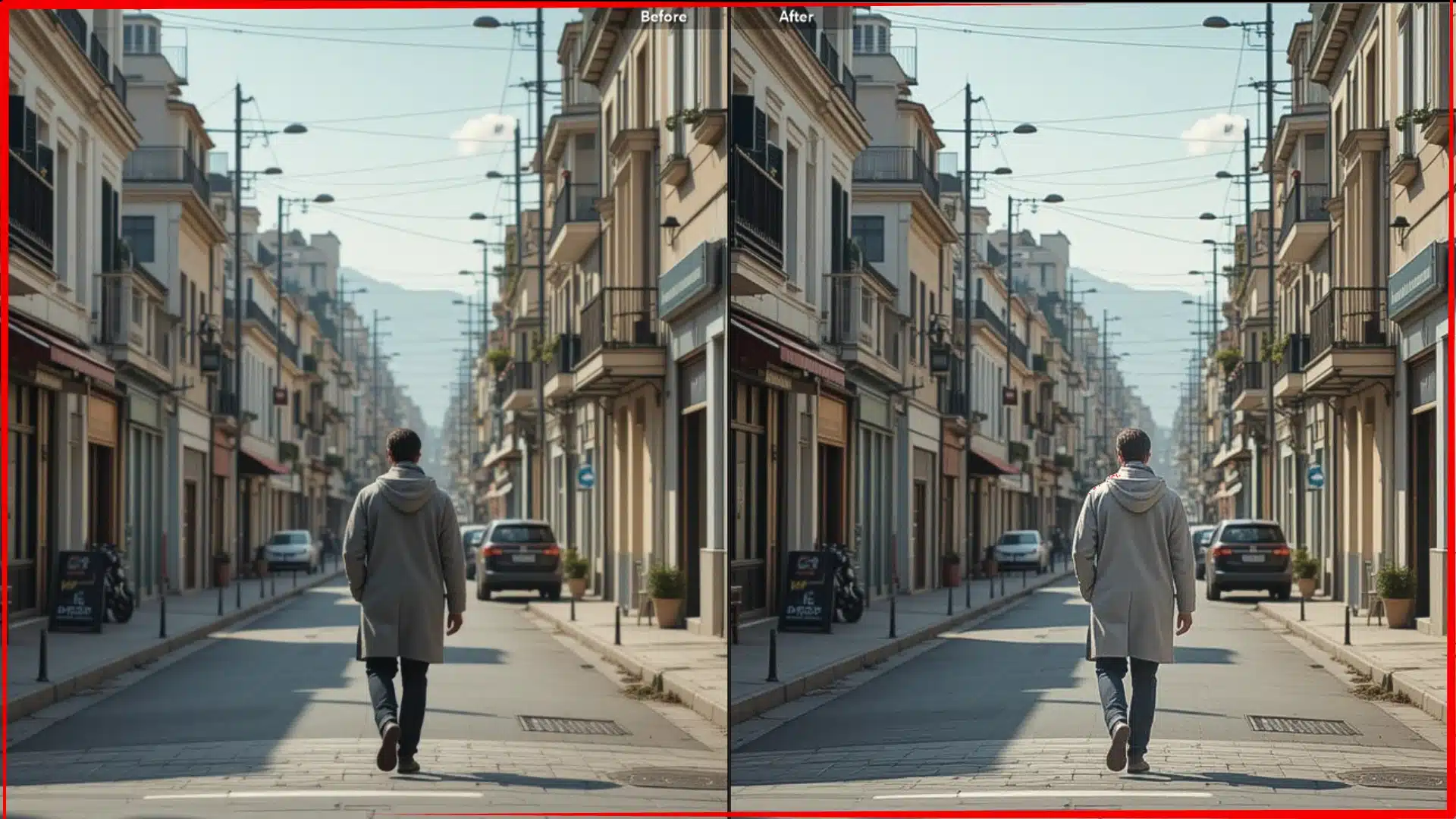 Side-by-side comparison of a city street before and after Lightroom editing, showing improvements in lighting, contrast, and clarity.