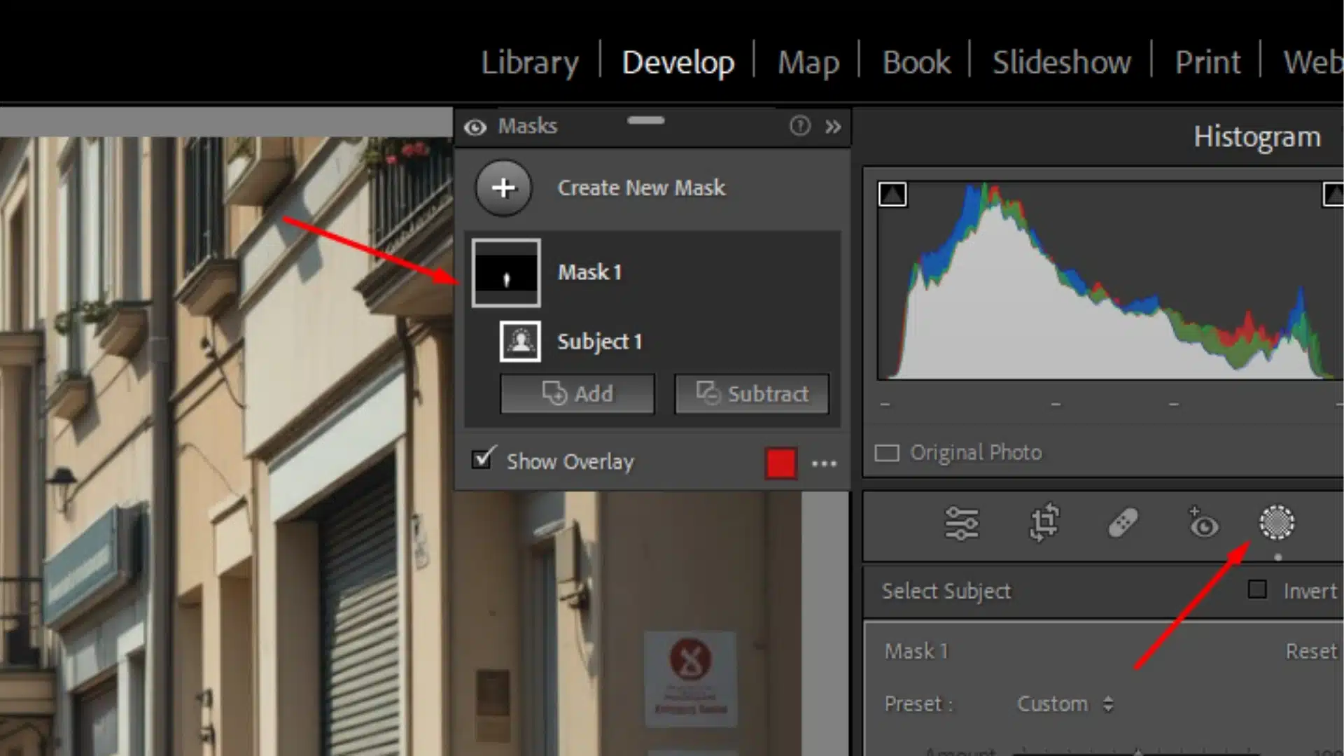 A screenshot of Lightroom's masking panel with red arrows highlighting the mask selection and adjustment tools.