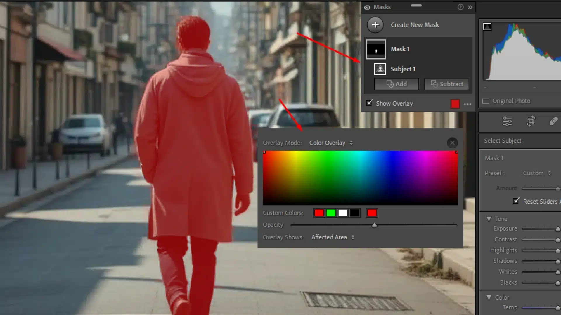Lightroom masking panel showing a selected subject mask with a red color overlay and options for refining the mask using overlay settings.