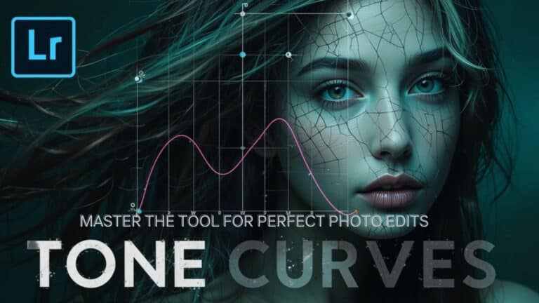 A digital artwork of a woman’s face with an overlaid tone curve graph, representing advanced photo editing in Lightroom. The image highlights the importance of mastering the Tone Curve tool for professional edits.