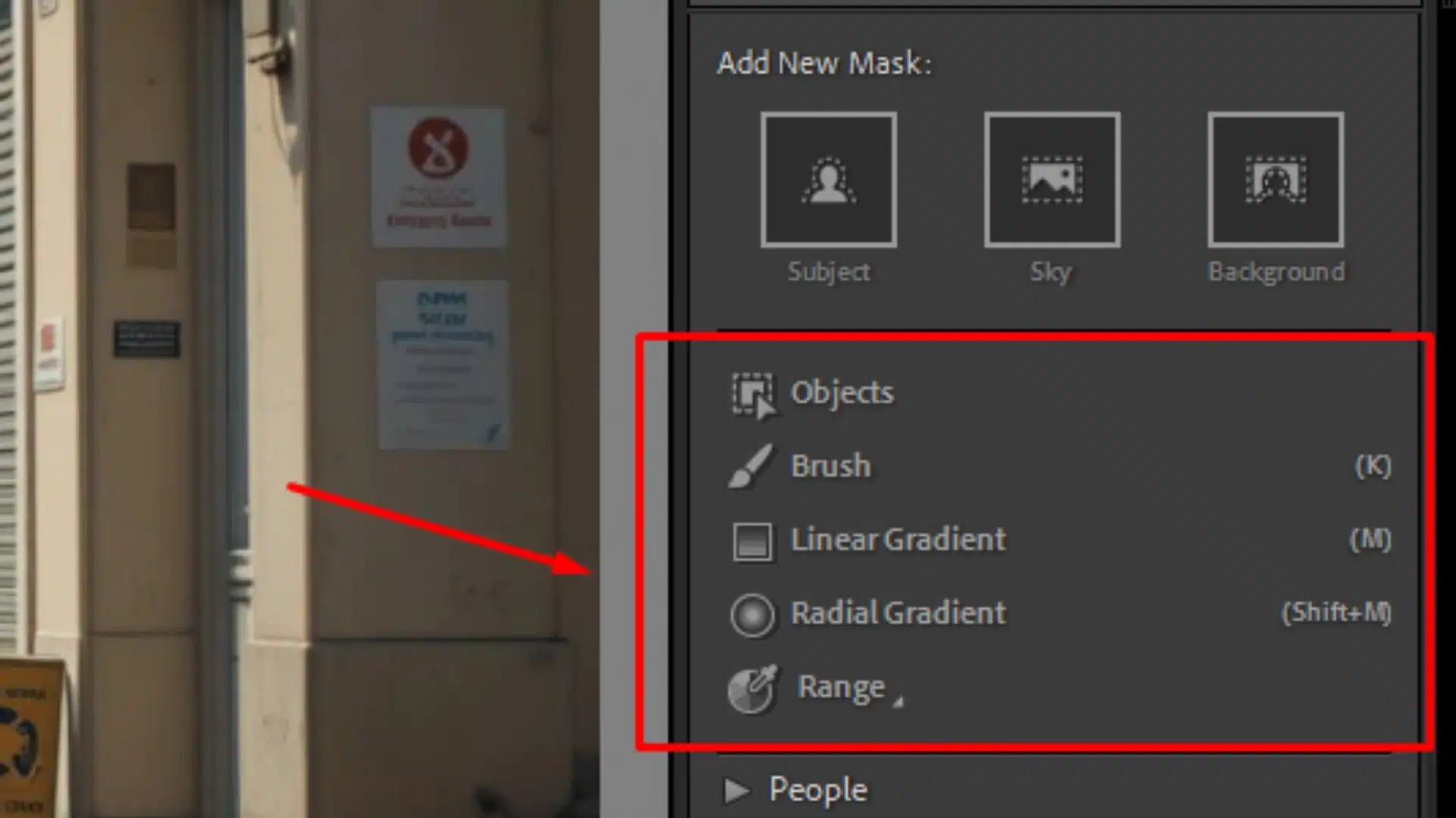 Lightroom masking panel showing options like Objects, Brush, Linear Gradient, Radial Gradient, and Range with a highlighted section.