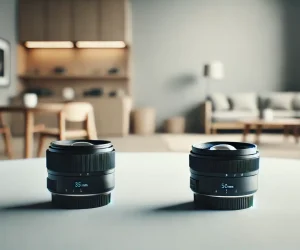 Close-up of two camera lenses, one 35mm and one 50mm, placed side by side on a clean, minimalist surface. The background is simple and well-lit, highlighting the lenses' details.