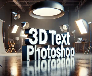 3D text effect created in a professional studio setting using Photoshop, showcasing lighting and depth.