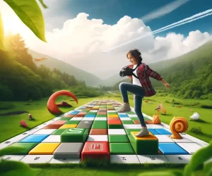Mid-aged female photographer with a camera and backpack jumping onto pixelated squares in nature, symbolizing 72 pixels per inch