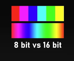 An image comparing 8-bit versus 16-bit color depth, with two color bars on a black background and the Photoshop logo in the bottom left corner