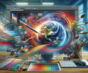 A digital art workspace showing Photoshop tools like layers, brushes, and color palettes in use, without human presence.