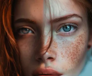 Close-up portrait of a woman with red hair and freckles, showcasing detailed skin retouching and adjustments in Photoshop.