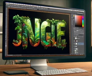 Interface showing text with a vibrant jungle background using the Clipping Mask feature for creative design