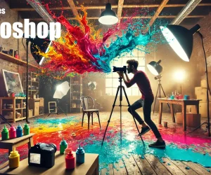 A photographer captures an explosion of colorful paint splashes in a studio setting. The vibrant colors-red, blue, and yellow-burst in mid-air, creating a dynamic and creative scene, showcasing color splashes in Photoshop.