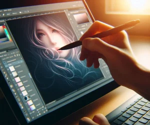 Graphic designer using a graphics tablet to add a soft glow effect to a digital portrait in Adobe Photoshop