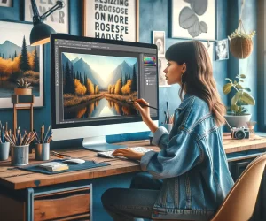 A young woman sits at a desktop in a creatively decorated room, actively resizing a landscape photo in Adobe Photoshop. The computer screen displays the image with prominent resizing handles at the corners and sides, emphasizing the transformation process.