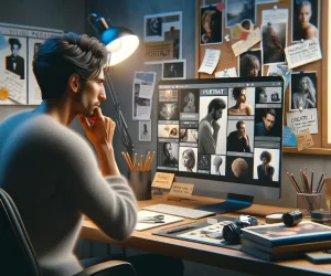 Person sitting at a desktop, brainstorming portrait photography ideas with creative concepts displayed on the computer screen.