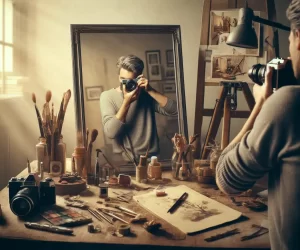 Photographer capturing their reflection in a mirror for a self-portrait, surrounded by artistic props in a warmly lit room, demonstrating creative self-expression.