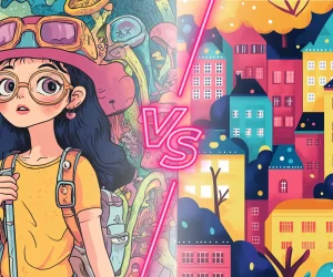 Side-by-side comparison of digital art created in Photoshop and Illustrator, showcasing the differences between raster-based and vector-based drawing styles in Adobe software.