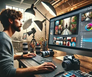 A photographer editing multiple images on a large desktop monitor using Adobe Photoshop in a professional studio environment, surrounded by camera equipment and lighting setups.