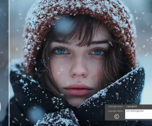 A close-up portrait of a woman in snowy conditions with the Lightroom logo and copyright status displayed, showcasing the use of embedded copyright metadata.