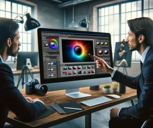 Two professionals discussing smart filters in Photoshop at a desktop computer in an office, illustrating enhanced photo editing workflows.