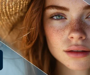 Close-up portrait of a red-haired woman with freckles, highlighting the use of Lightroom Classic for enhancing skin texture and tone.