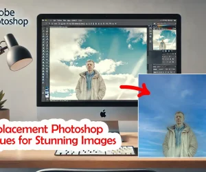 A modern desktop computer on a minimalist desk, showing Adobe Photoshop with the Sky Replacement feature in use. The screen displays a landscape with a sky being replaced, alongside a FAQ panel on the Photoshop interface. The desk includes a coffee mug labeled "FAQs" and a pencil holder.