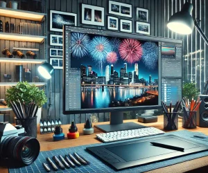 Professional photo editing workspace with a Photoshop project showing fireworks effects over a cityscape, including multiple layers and adjustment settings, with a graphics tablet, stylus, and editing notes on the desk, with photography books and a camera in the background.