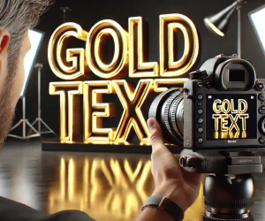 A photographer capturing a shot of bold 3D "Gold Text" displayed in a studio setting. The letters glow with a metallic sheen under bright studio lights, as seen through the camera's viewfinder.