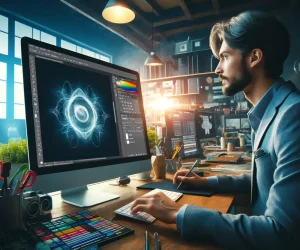 A professional graphic designer working intently on a Photoshop project using the warp tool, in a modern and creatively decorated workspace.