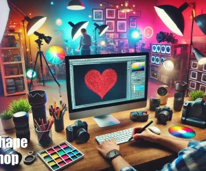 A designer works in a vibrant studio, creating a red heart shape in Photoshop on their computer screen. The workspace is filled with cameras, lenses, and colorful editing tools under bright studio lighting.