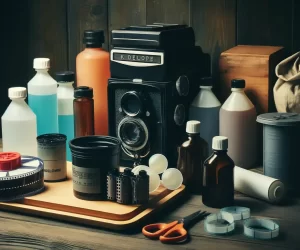 Traditional film development equipment arranged on a wooden table in a dimly lit room, capturing the essence of home film processing.