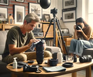 A middle-aged Caucasian male cleans a camera lens with precision while a young Asian female captures photos in a cozy home setting, illustrating effective methods on how to clean camera lenses for spotless shooting.