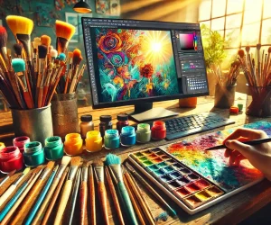 Close-up of an artist's workspace featuring colorful paintbrushes, a color palette, and a computer screen displaying digital artwork, representing the process of how to change brush color in Photoshop