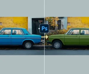 A split image showcasing a blue car on the left and a green car on the right, demonstrating color change in Photoshop