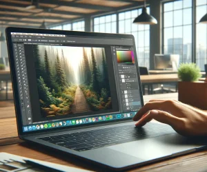 A laptop open on a desk displaying Adobe Photoshop with a forest image and the Layers panel visible. The background includes creative workspace elements like a notebook, coffee cup, and a potted plant.