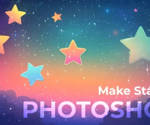 Colorful stars on a gradient background illustrating the process of how to make stars in Photoshop using various tools and techniques for creative graphic design.