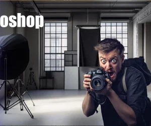 A photographer holding a camera with an exaggerated facial expression in a professional studio, emphasizing creative editing techniques. The studio is equipped with lighting gear and backdrops, illustrating a typical photography setup for Photoshop work.