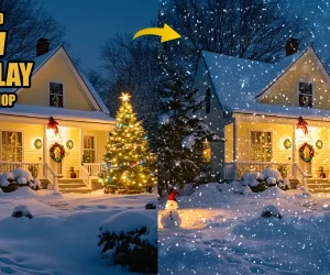 A comparison of a house decorated for Christmas, before and after adding a snow overlay in Photoshop, showing a festive effect with falling snow.