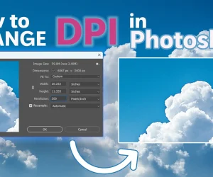 Modifying dots per inch resolution in Ps dialog box, showcasing how to adjust image resolution to 300 DPI for high-quality prints