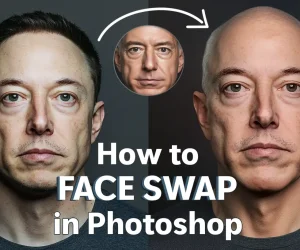 Facial replacement example using Ps, featuring a composite image with one individual's face seamlessly integrated onto another's body