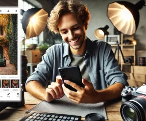 A photographer happily editing a photo on their smartphone device using Ps Express in a studio environment