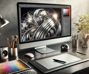 Modern digital design workspace with a high-resolution monitor displaying a detailed metallic effect, including a graphics tablet, mouse, and keyboard.