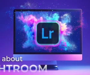 Computer screen displaying the Adobe Lightroom logo with colorful splashes of blue, pink, and purple powder on a vibrant background.
