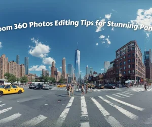 Wide-angle cityscape panorama with text overlay "Lightroom 360 Photos Editing Tips for Stunning Panoramas"