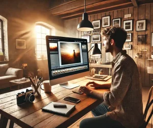 A photographer working in Lightroom creating a double exposure effect on a computer screen in a cozy, well-lit workspace with neutral earthy tones. The screen shows two photos merging into an artistic double exposure image.