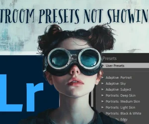 A woman with goggles, representing the confusion of Lightroom users facing the issue of presets not showing up, with a glimpse of the Lightroom presets panel in the background.