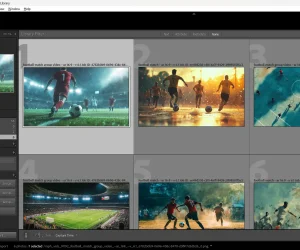 A screenshot of Adobe Lightroom Classic's Library Module displaying six selected football match images, with metadata visible on the right panel and the catalog structure on the left panel.