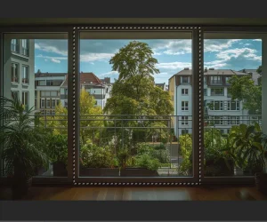 A view from inside a room through large glass doors and windows, showing a balcony with plants and a scenic neighborhood with trees and buildings under a partly cloudy sky. The image is being edited with a highlighted selection around the glass door.