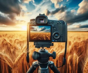 Camera on a tripod capturing a golden wheat field at sunset, showcasing the relationship between exposure settings and creative photography.