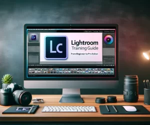 Desktop computer in a professional workspace showing Adobe Lightroom's interface for a training guide, with photography equipment and editing notes on the desk.