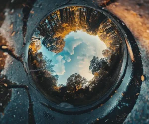 A screenshot of a photo editing software with a circular fisheye photograph of a forest through a drainpipe, emphasizing the photo editing tool 'Perspective Warp' highlighted in the menu.