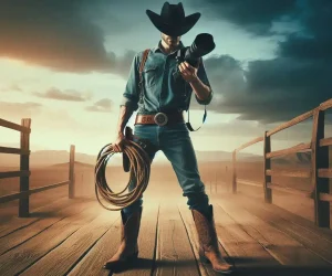 A photographer dressed as a cowboy holding a camera and a lasso, standing on a wooden bridge under a dramatic sky.